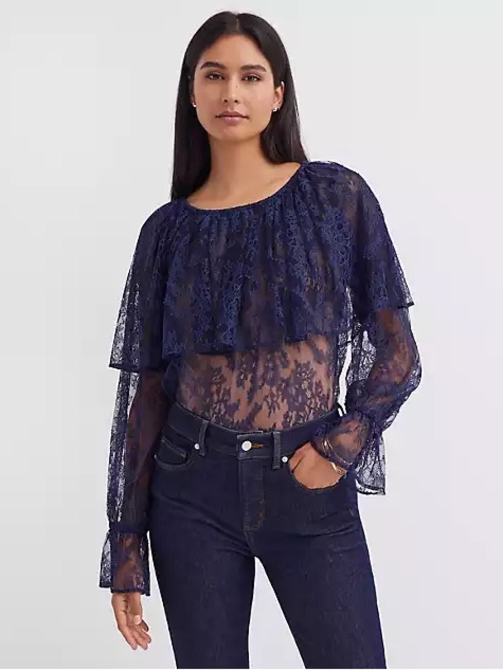 NWT Loft navy floral lace cape blouse sz med